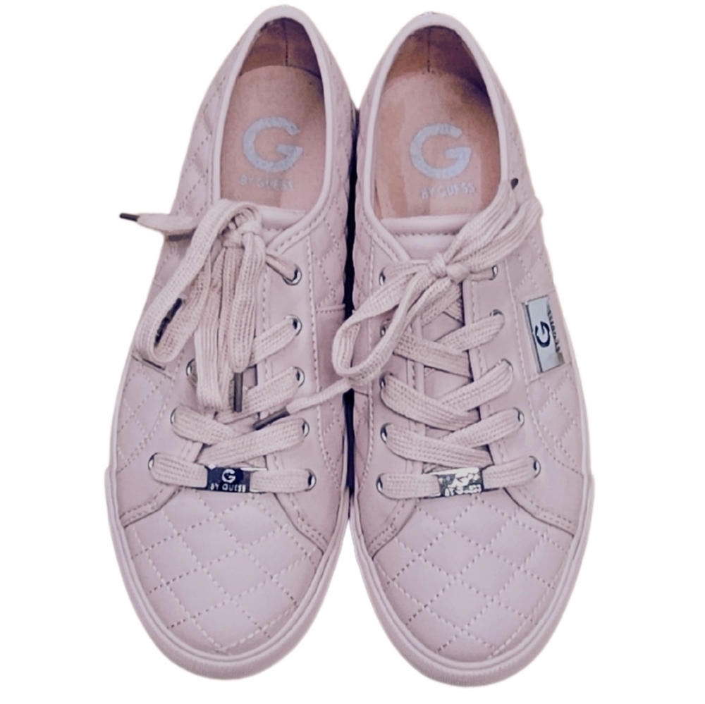 G by GUESS Quilted  Lace Up Tennis Shoe, Pink Silver Accents, 9.5, Like New